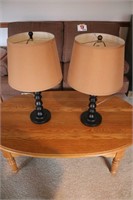Pair of Matching Wooden Base Table Lamps w/ Shades