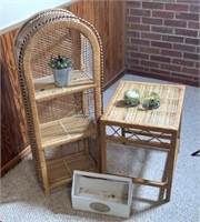 Wicker Shelf, Table, and contents