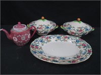 2 ROYAL CAULDON PLATTERS, 2 TUREENS & TEAPOT