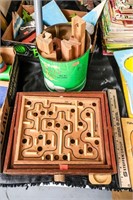Vintage Wooden Labyrinth Maze Game; Tin of