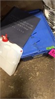 Plastic tote, coin collection map, water jug