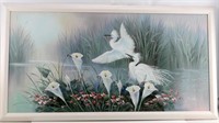 OIL ON CANVAS WATERSCAPE PAINTING EGRETS FLOWERS