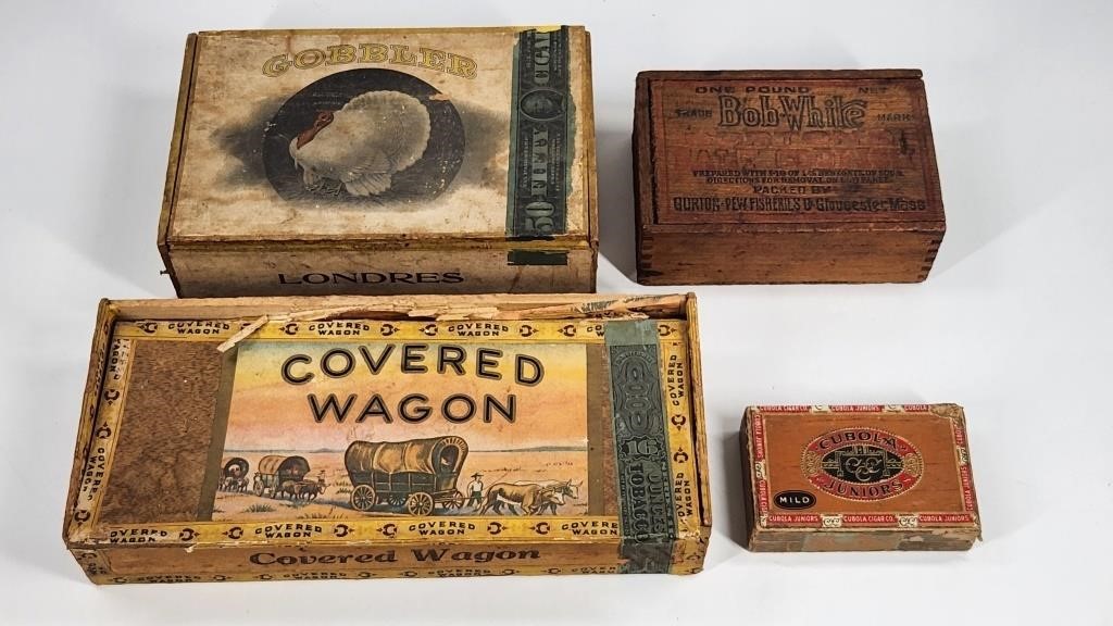 4) ANTIQUE CIGAR BOXES - COVERED WAGON, GOBBLERS