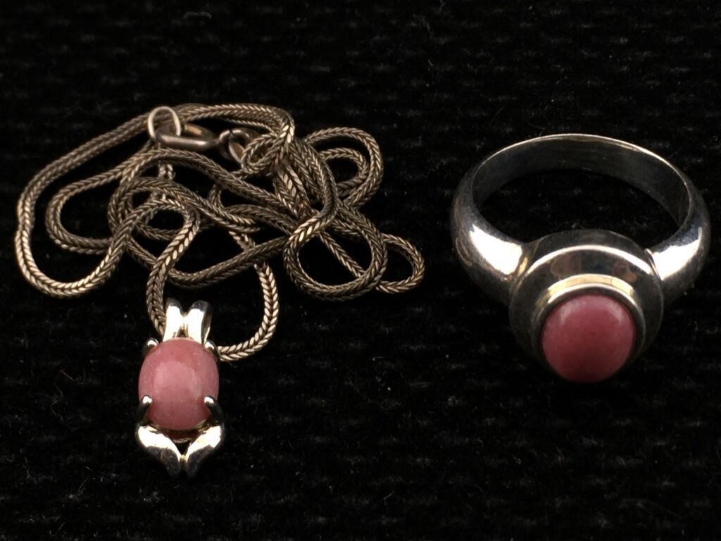 Sterling Necklace & Ring Set w/Rhodochrosite