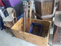 Large wooden box, 2 chairs, shelf , crate