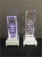 3D Lazer Etched Ship & Dolphins Glass Towers