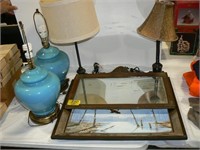 2 BLUE LAMPS, 2 TABLE LAMPS, ANTIQUE WALL MIRROR,