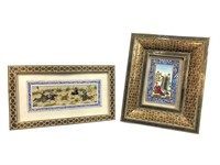 Two Persian Painted Scenes W. Inlaid Khatam Frames