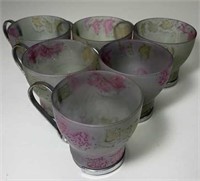 6 Vintage Frosted Glass Handpainted Tea Cups