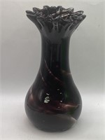 Purple Ribbon Swirl Blown Glass Vase W/ Scalloped