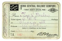 AN 1893 IOWA CENTRAL RAILWAY CO. SPECIAL PASS