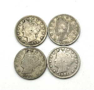 (4) Liberty Head V Nickels : 1891, 1897, 1899,
