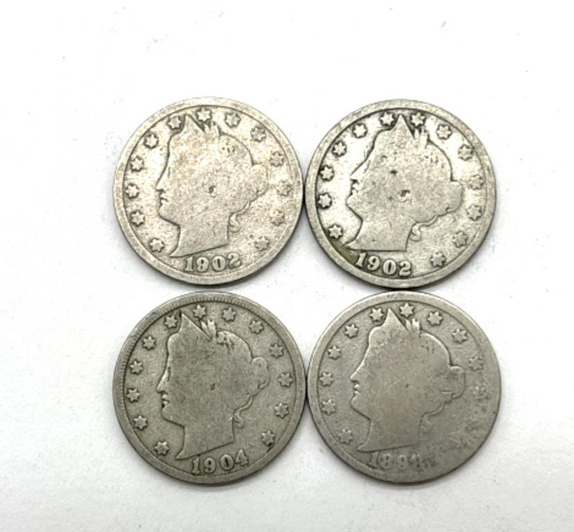 (4) Liberty Head V Nickels : 1898, 1902, and 1904