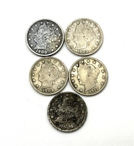 (5) Liberty Head V Nickels : 1900, 1903, 1906,