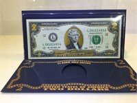 22K Gold Enhanced $2 Note in holder with info