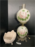 Cute Pink Milk Glass Bowl, Painted Globe Lamp.