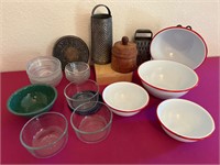 Enamel Bowls, Butter Press, Grater, Storage +