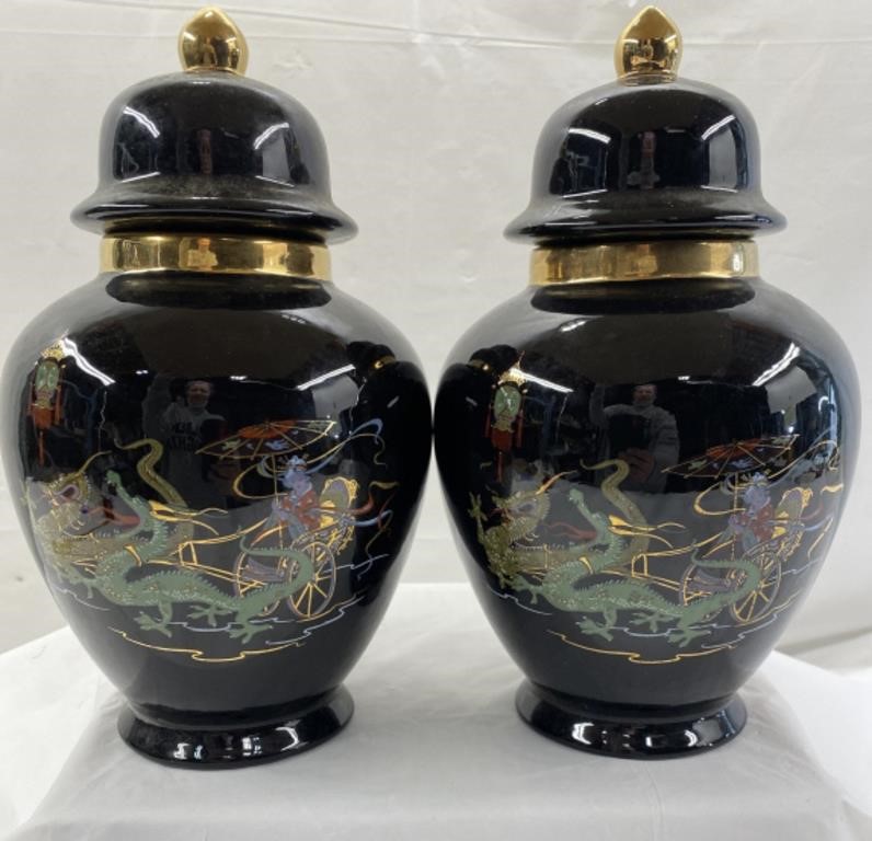 2 Black Vases W/Dragon Design