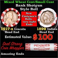 Mixed small cents 1c orig shotgun roll, 1917-s Whe