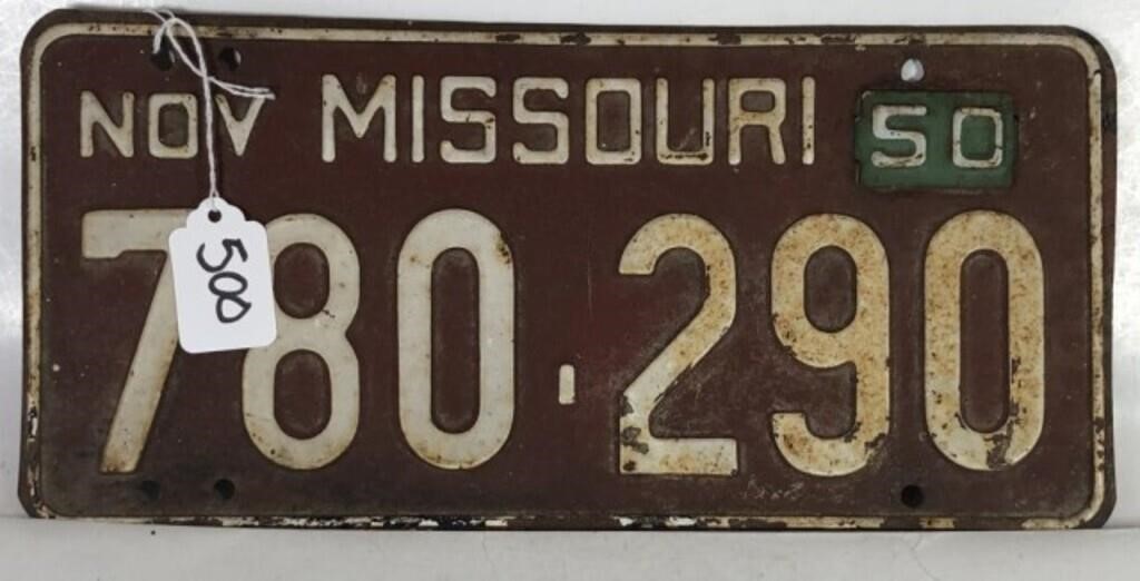 1950 Missouri Licence Plate with Metal 50' Insert