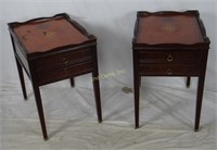 Pair Of Leather Tray Top Carved Wood End Tables