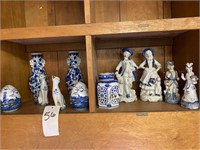 2 - Shelves Blue & White Figurines & Misc.