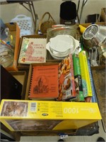 assorted cookbooks, puzzle