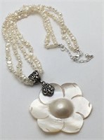 Mother Of Pearl & Pearl Necklace W Sterling Clasp