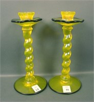 Two US Glass Topaz Twist Bobeche Candlesticks