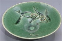 SPINACH GREEN GLAZED FLOWER WIDE BOWL