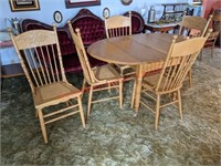 Wood Dining Table, Leaf, & 5 Cane Bottom Chairs