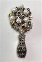 Pearl/Multi Gemstone Floral Brooch 8 Grams