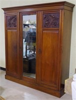 English Carved Triple Wardrobe, Mirrored Door