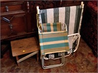 2 lawn chairs and wooden foot stool