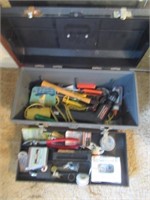 Tool box with tools that includes nails, tape