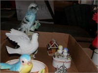 Vintage Porcelain Bird Figurines, Trinket Box &