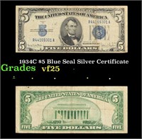 1934C $5 Blue Seal Silver Certificate Grades vf+