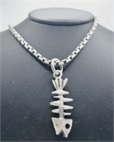 BICO Signed Fishbones Satin Silver Tone Necklace