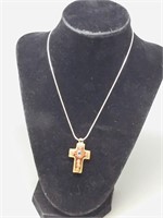 Bronze cross/ sterling chain , Coral & Lapis (H15)