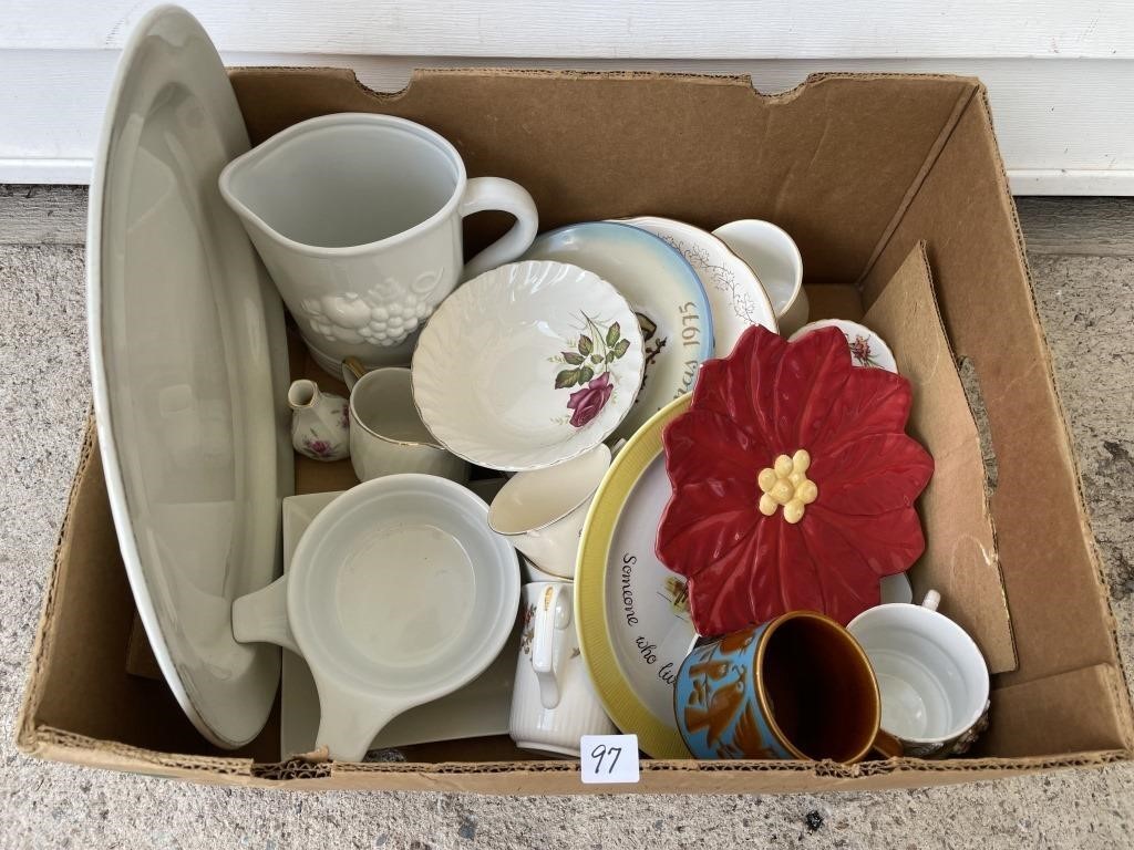 LARGE BANANA BOX WITH PORCELAINS & MORE