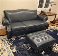 NAVY BLUE LEATHER COUCH & OTTOMAN