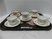 TRAY: 5 HAND PAINTED CUPS & SAUCERS