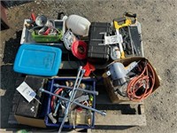 Pallet w/saws,tools,sprayer,ext cords,sander,