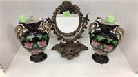 Vanity mirror and (2) double handled vases, made