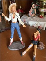 2 vtg sculptures, resin rodeo cowgirls