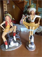2 vtg sculptures, resin cowgirls with dogs