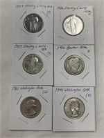 6 Silver Quarters, Barber1916D, Standing Liberty