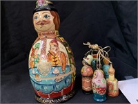 9 “ WOOD CANISTER W/ 7 SMALL WOOD FIGURES -