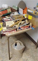 Vintage crafting supplies and folding table.