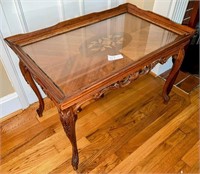 Beautiful burled wood coffee table, glass tray top